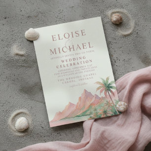 Tropical Sunset Island Beach Watercolor Wedding Invitation