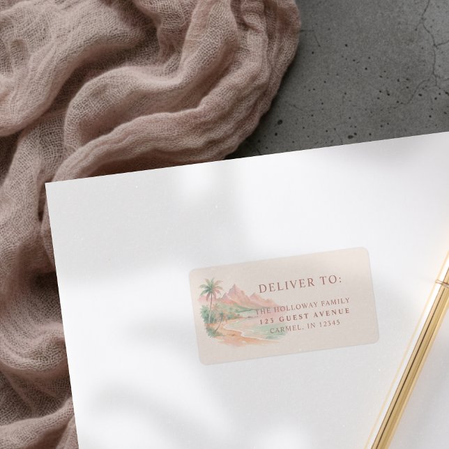 Tropical Sunset Island Beach Watercolor Wedding Label (Tropical Sunset Island Beach Watercolor Wedding Label)