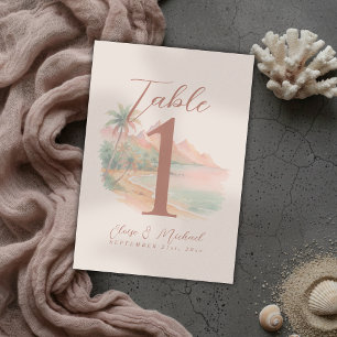 Tropical Sunset Island Beach Watercolor Wedding Table Number