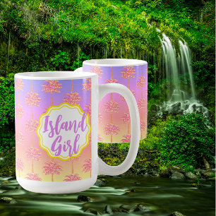 Tropical Sunset Island Girl Pink Palm Tree Mug