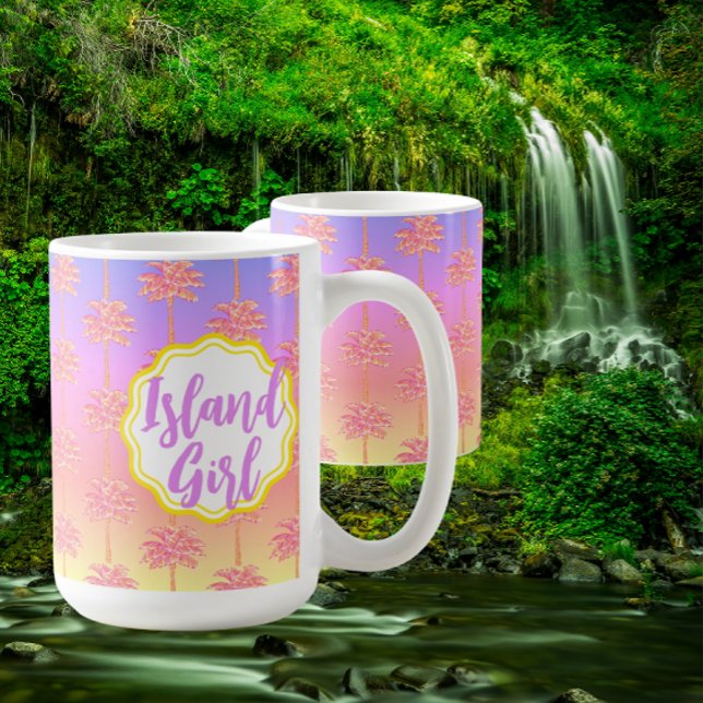Tropical Sunset Island Girl Pink Palm Tree Mug (Personalize it! 2 sizes)
