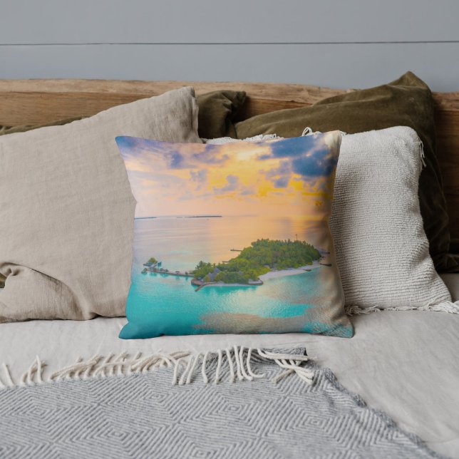 Tropical Sunset Island Throw Pillow | Beach & Ocea (Creator Uploaded)