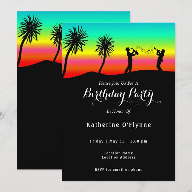 Tropical Sunset Musicians Silhouette Birthday Invitation (Front/Back)