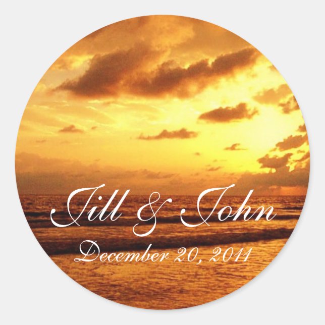 Tropical Sunset Names and Date Wedding Sticker (Front)