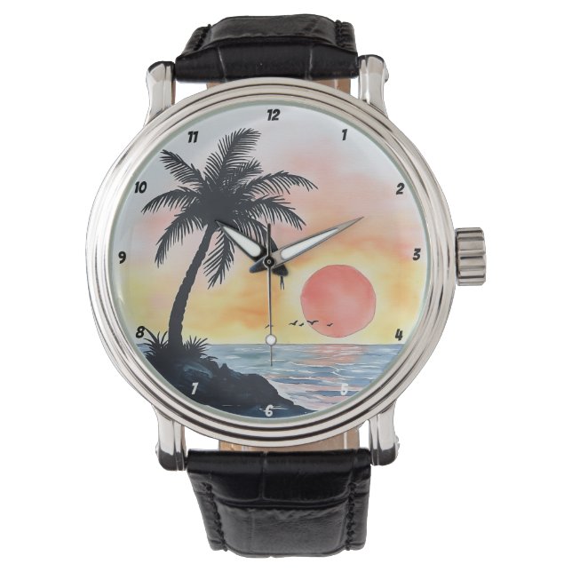 Tropical Sunset Ocean Scene with Palm Trees Watch (Front)