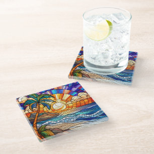Tropical sunset on beach stained glass art coaster