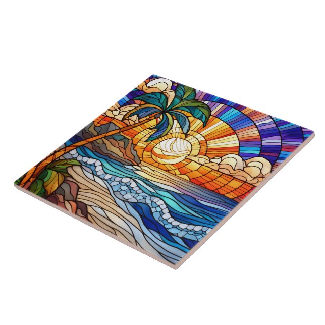 Tropical sunset on beach stained glass art tile (Side)