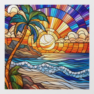 Tropical sunset on beach stained glass art window cling