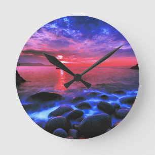 Tropical Sunset On Rocky Coast Round Clock