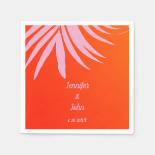 Tropical Sunset Orange Pink Palm Leaf Wedding Napkin