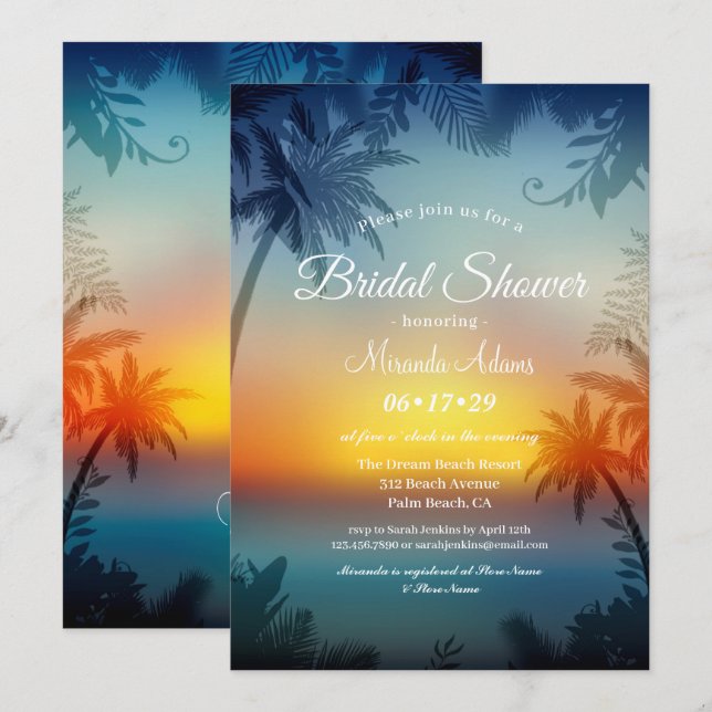 Tropical Sunset Palm Beach Bridal Shower Invitation (Front/Back)