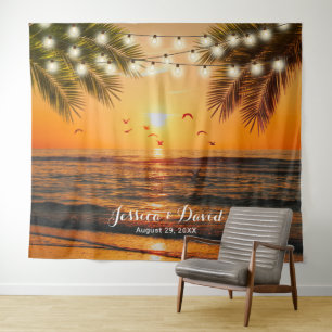 Tropical Sunset Palm Beach Wedding Backdrops Tapestry