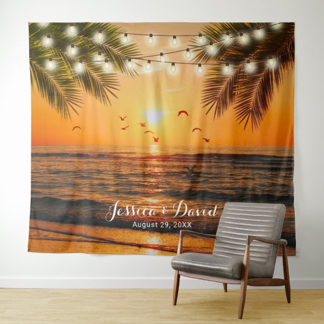 Tropical Sunset Palm Beach Wedding Backdrops Tapestry (In Situ (Horizontal))