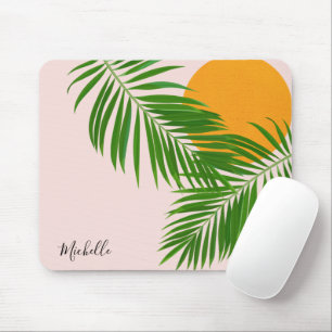 Tropical Sunset Palm Leaves Minimalist Pink Name Mouse Mat