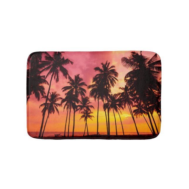 Tropical Sunset: Palm Silhouette Serenity. Bath Mat (Front)