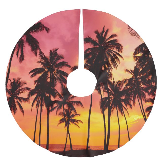 Tropical Sunset: Palm Silhouette Serenity. Brushed Polyester Tree Skirt (Front)