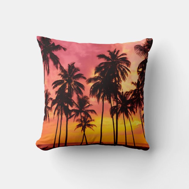 Tropical Sunset: Palm Silhouette Serenity. Cushion (Front)