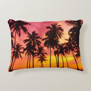 Tropical Sunset: Palm Silhouette Serenity. Decorative Cushion