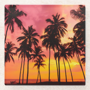 Tropical Sunset: Palm Silhouette Serenity. Glass Coaster