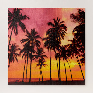 Tropical Sunset: Palm Silhouette Serenity. Jigsaw Puzzle