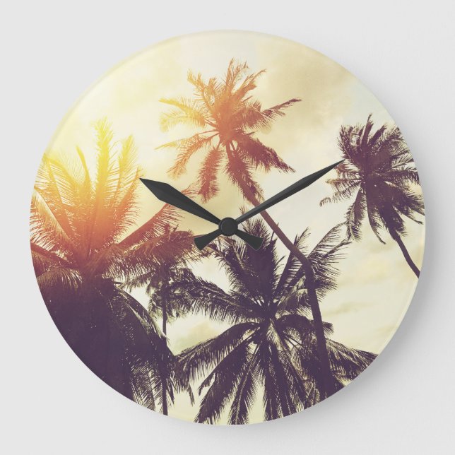Tropical Sunset: Palm Silhouette Vintage Large Clock (Front)