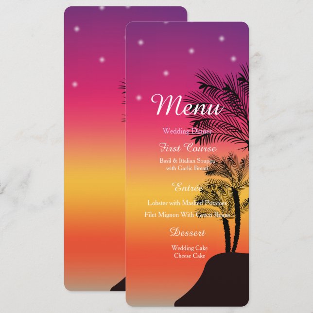 Tropical Sunset Palm Tree Beach MENU Wedding Card (Front/Back)