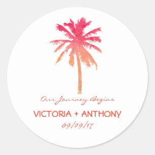 Tropical Sunset Palm Tree Beach Wedding Classic Round Sticker