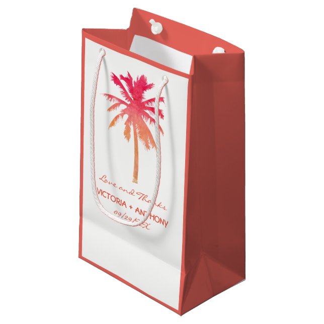 Tropical Sunset Palm Tree Beach Wedding Favour Small Gift Bag (Front Angled)