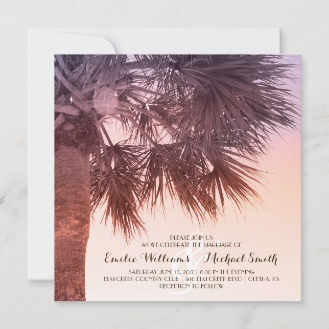 Tropical Sunset Palm Tree Beach Wedding Invitation (Front)