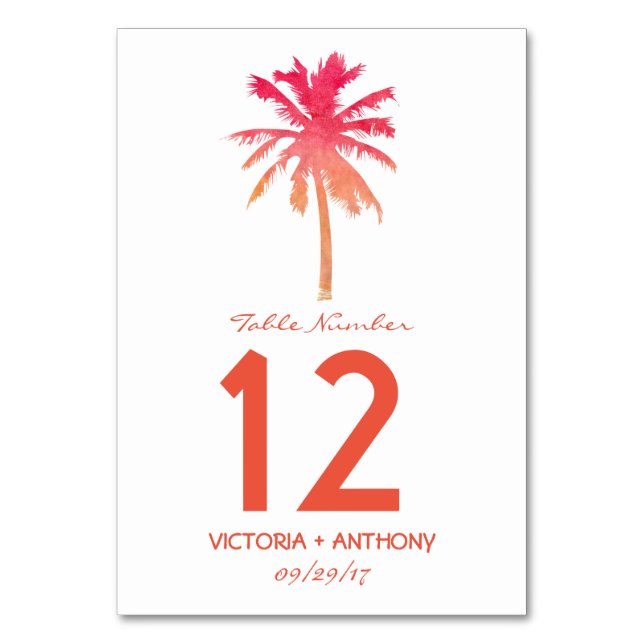 Tropical Sunset Palm Tree Beach Wedding Number Table Number (Front)