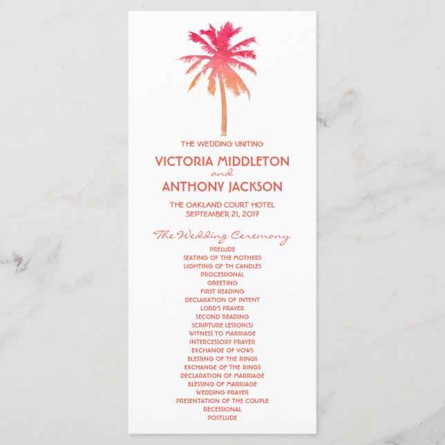 Tropical Sunset Palm Tree Beach Wedding Program Programme (Front)