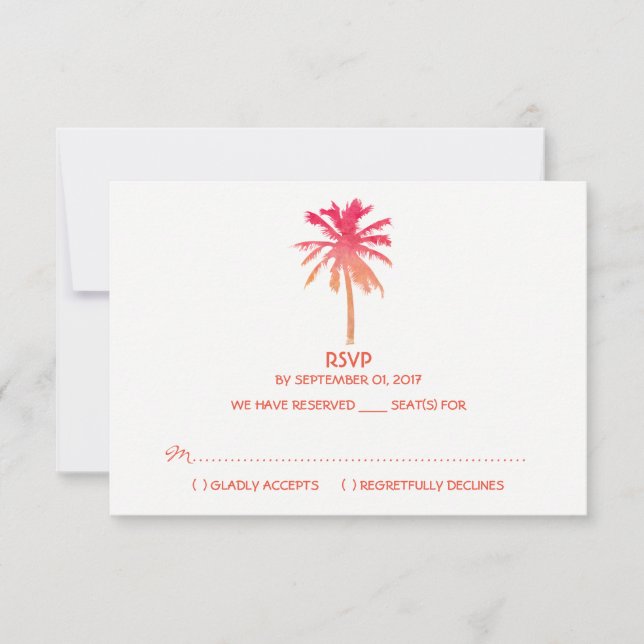 Tropical Sunset Palm Tree Beach Wedding RSVP Card (Front)