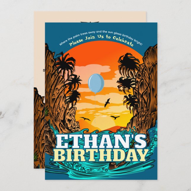 Tropical Sunset Palm Tree Birthday Invitation (Front/Back)