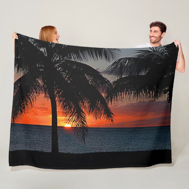 Tropical Sunset Palm Trees Beach Fleece Blanket (In Situ)