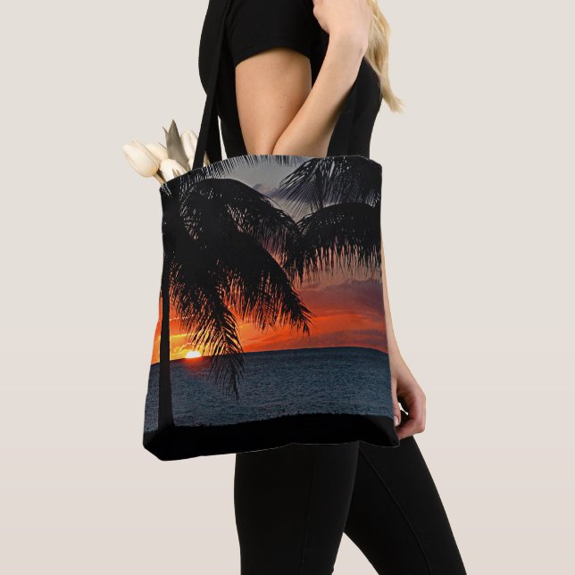 Tropical Sunset Palm Trees Beach Ocean Caribbean Tote Bag (Close Up)