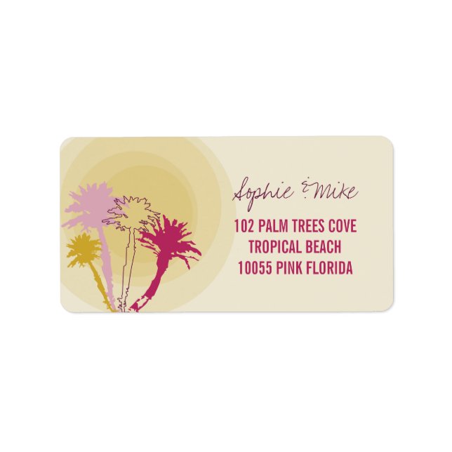 Tropical Sunset Palm Trees Beach Wedding Labels (Front)