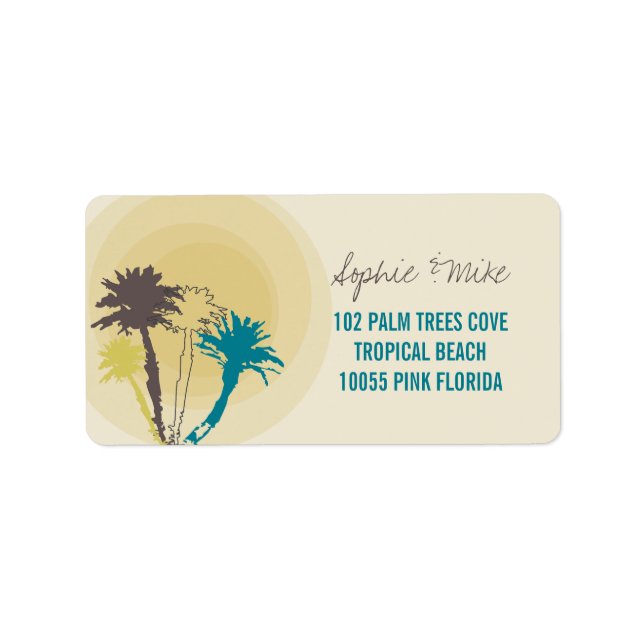 Tropical Sunset Palm Trees Beach Wedding Labels (Front)