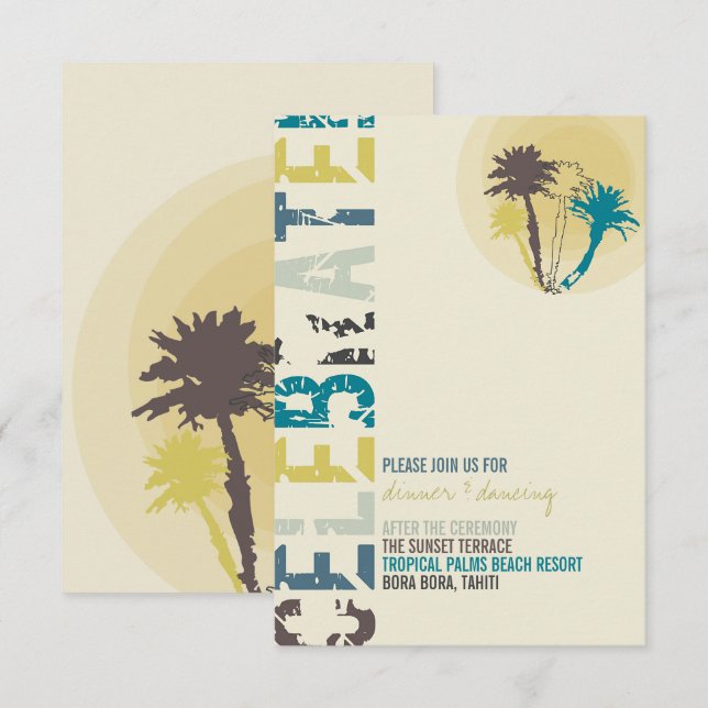 Tropical Sunset Palm Trees Beach Wedding Reception Invitation (Front/Back)