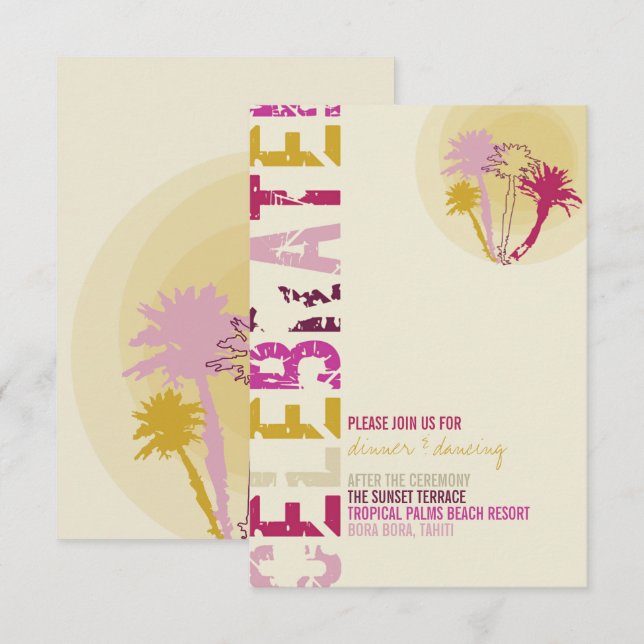 Tropical Sunset Palm Trees Beach Wedding Reception Invitation (Front/Back)