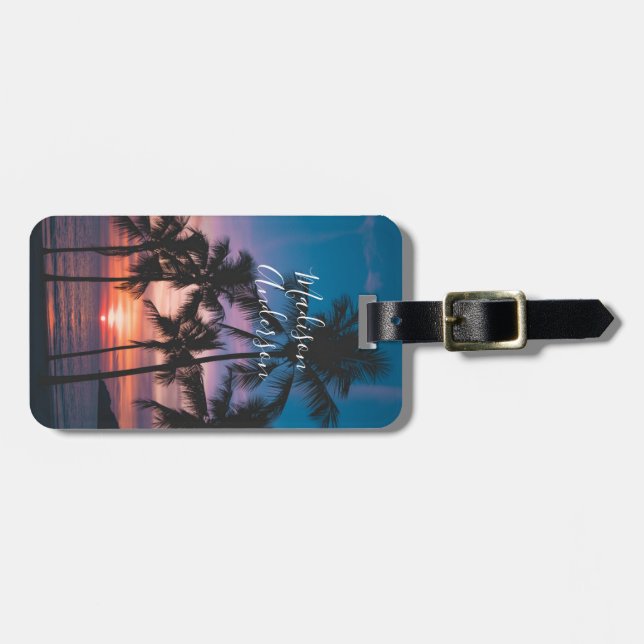Tropical Sunset Palm Trees Personalised Luggage Tag (Front Horizontal)