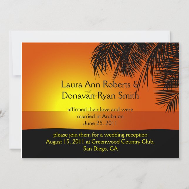 Tropical Sunset Palm Trees Post Wedding Invitation (Front)