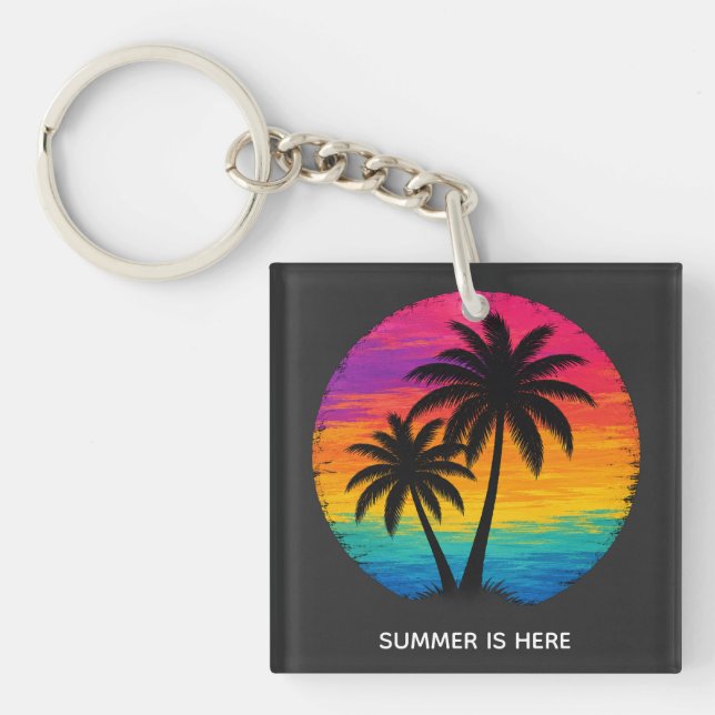 Tropical Sunset Palm Trees Retro Design Key Ring (Front)