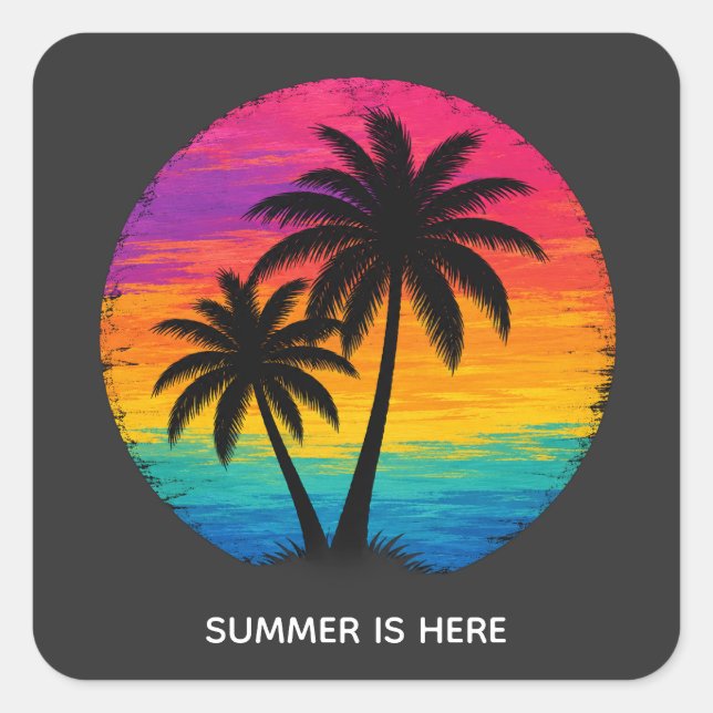 Tropical Sunset Palm Trees Retro Design Square Sticker (Front)