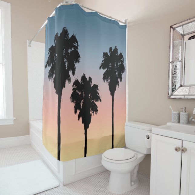 Tropical Sunset Palm Trees Shower Curtain (In Situ)