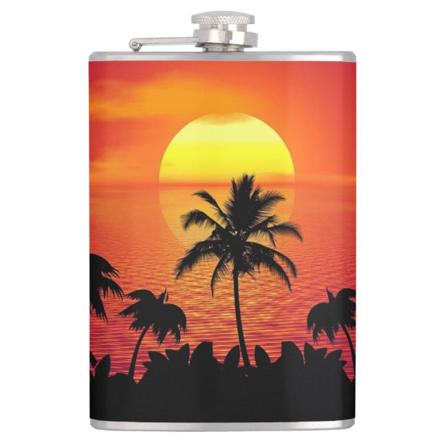 Tropical Sunset Palm Trees Silhouette Beach Hip Flask (Front)