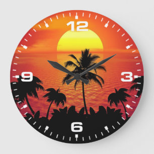 Tropical Sunset Palm Trees Silhouette Beach Large Clock