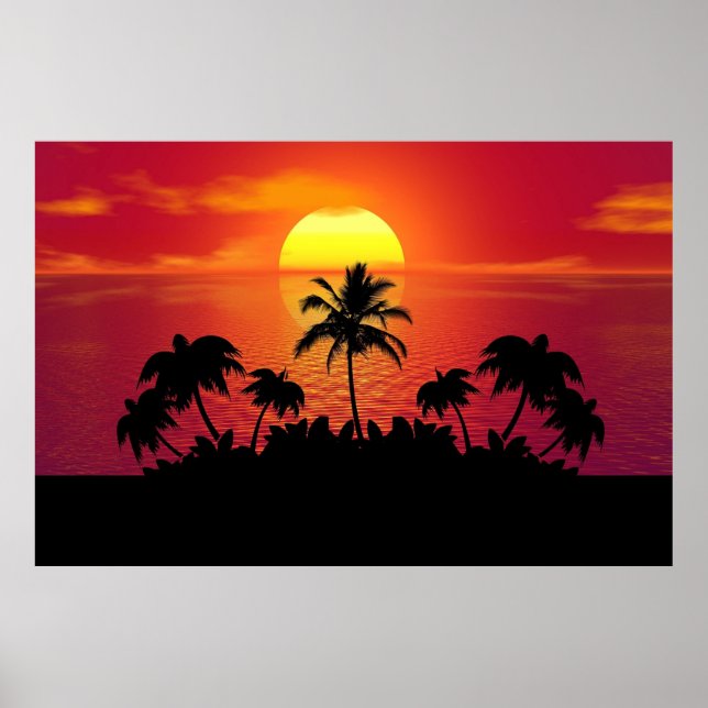 Tropical Sunset Palm Trees Silhouette Beach Poster (Front)