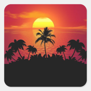Tropical Sunset Palm Trees Silhouette Beach Square Sticker