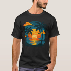 Tropical Sunset Palms Retro Beach Vector Illustra T-Shirt