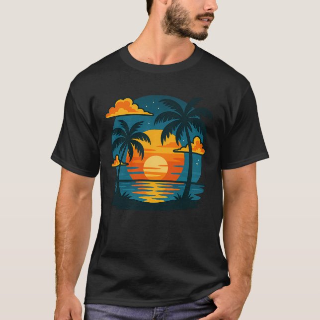 Tropical Sunset Palms  Retro Beach Vector Illustra T-Shirt (Front)